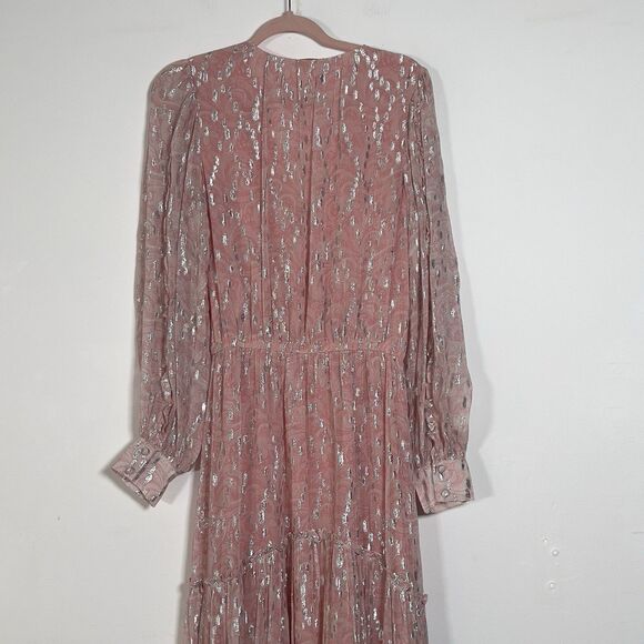 Ramy Brook Ora Metallic Print Maxi Dress Sz SP Pink Long Sleeve Crossover V-Neck - Picture 10 of 16